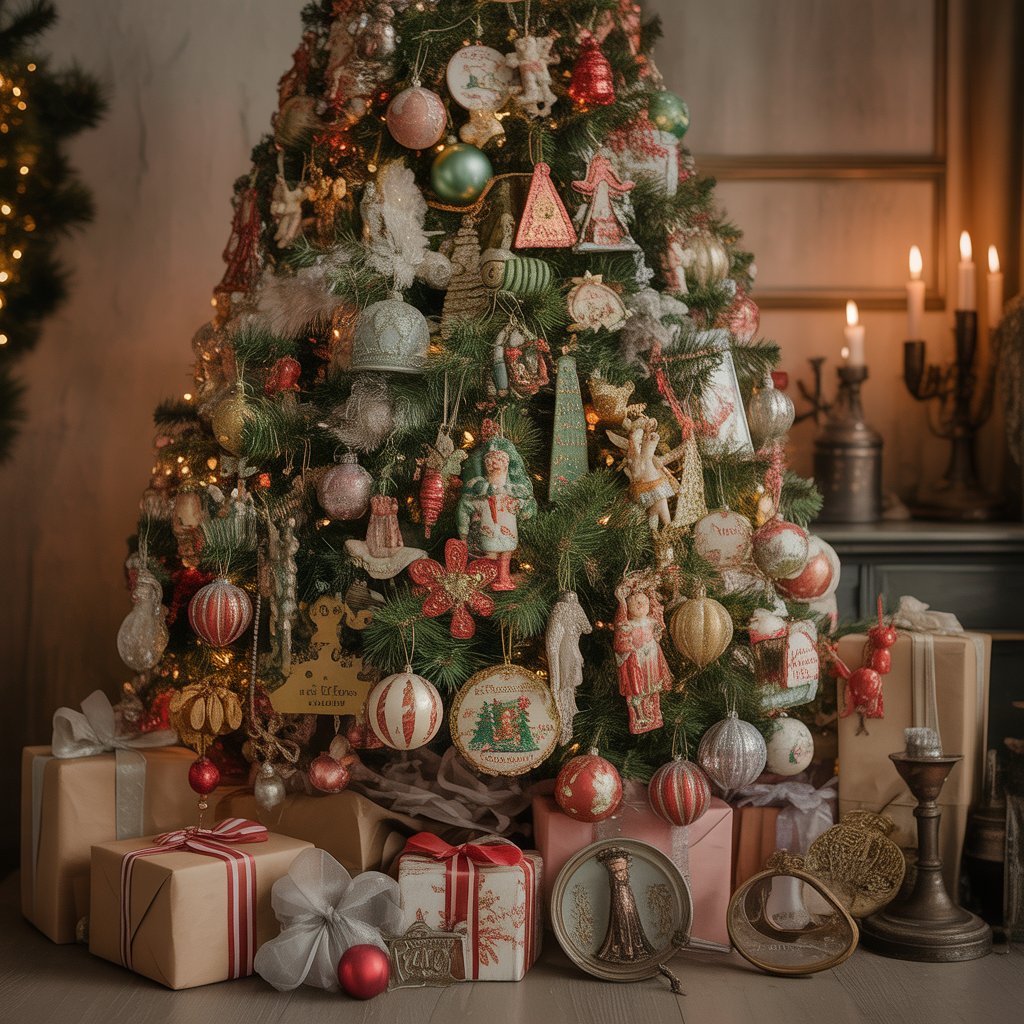 A Christmas tree decorated with a variety of vintage ornaments including glass baubles and hand-painted decorations, surrounded by wrapped gifts and holiday decor.