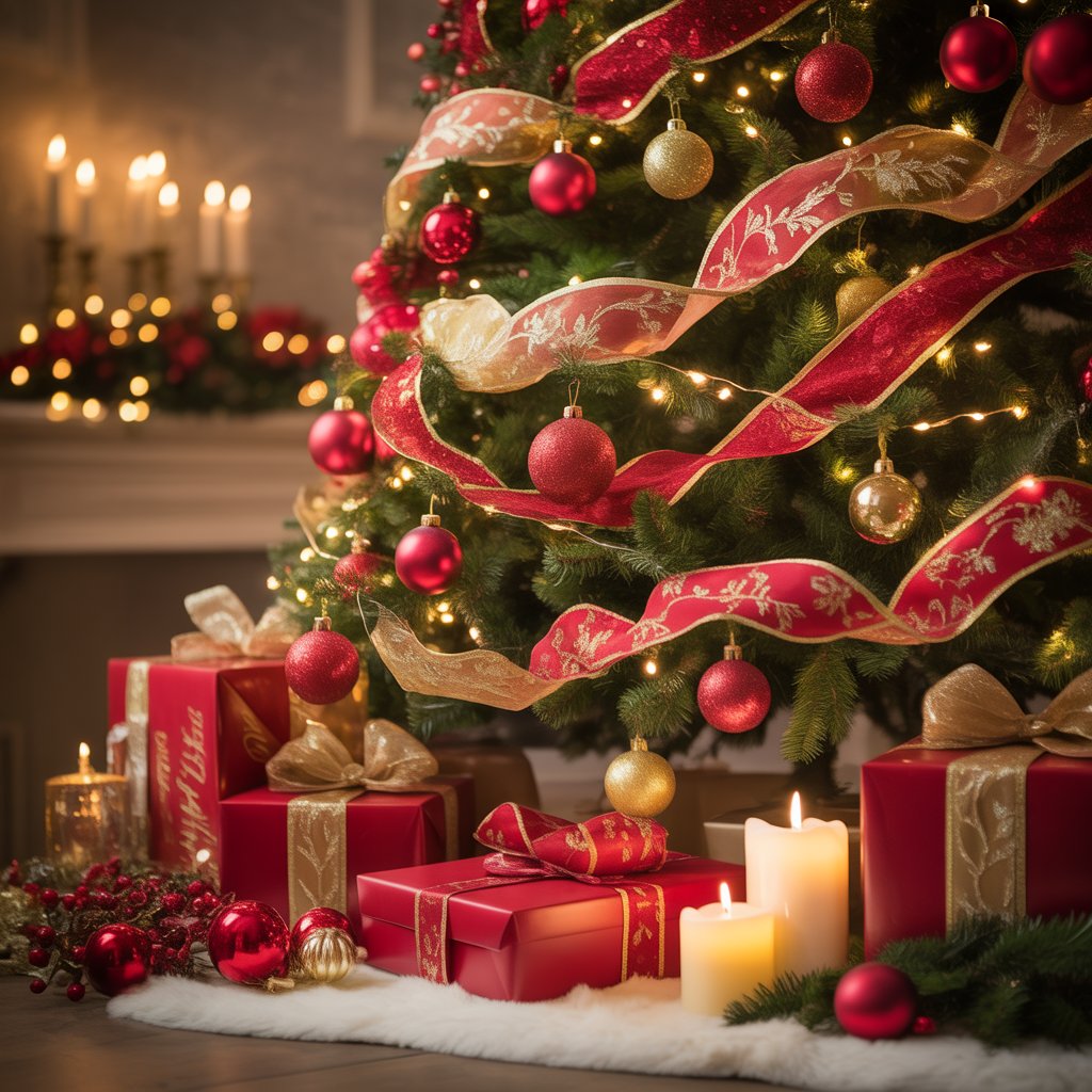 A decorated Christmas tree with red and gold ornaments, ribbons, and lights surrounded by wrapped presents and candles.