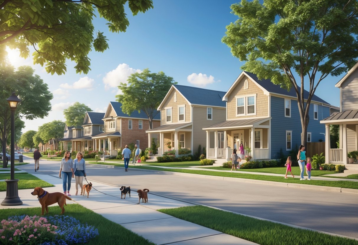 A sunny neighborhood in Bacliff, TX with houses, trees, and people enjoying outdoor activities in a community park.