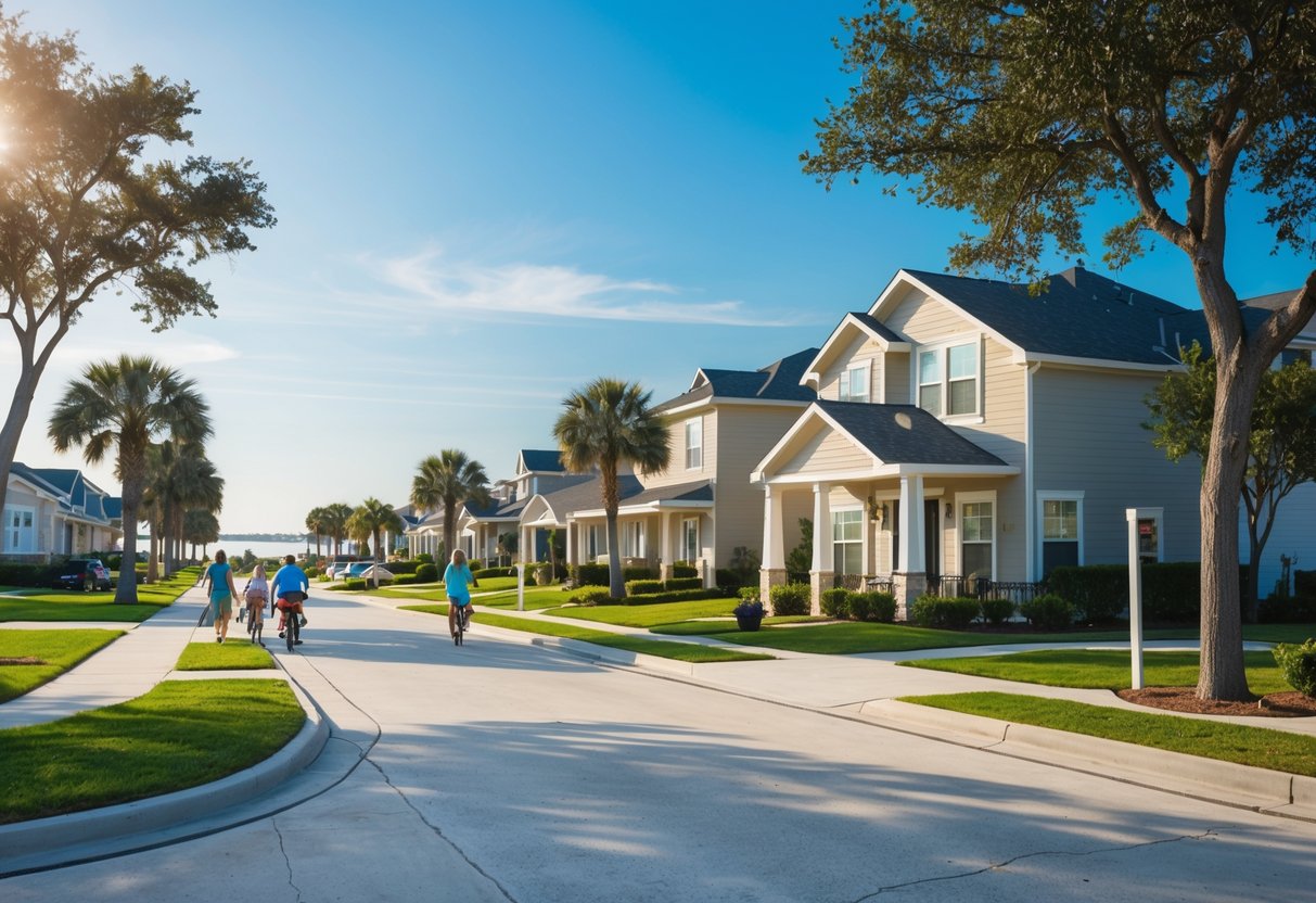 A sunny residential neighborhood in Bacliff, Texas with houses, trees, and people walking and biking along the street.