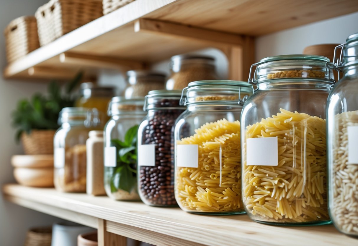 Glass pasta sauce jars reused for storing pantry staples like beans, rice, and pasta on wooden shelves in a kitchen pantry.