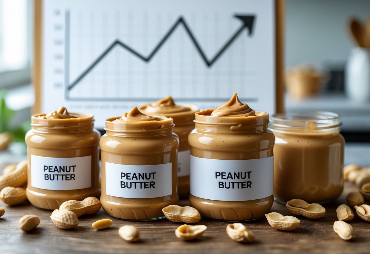 Jars of peanut butter with peanuts and shells on a wooden table, with a blurred upward trend graph in the background.