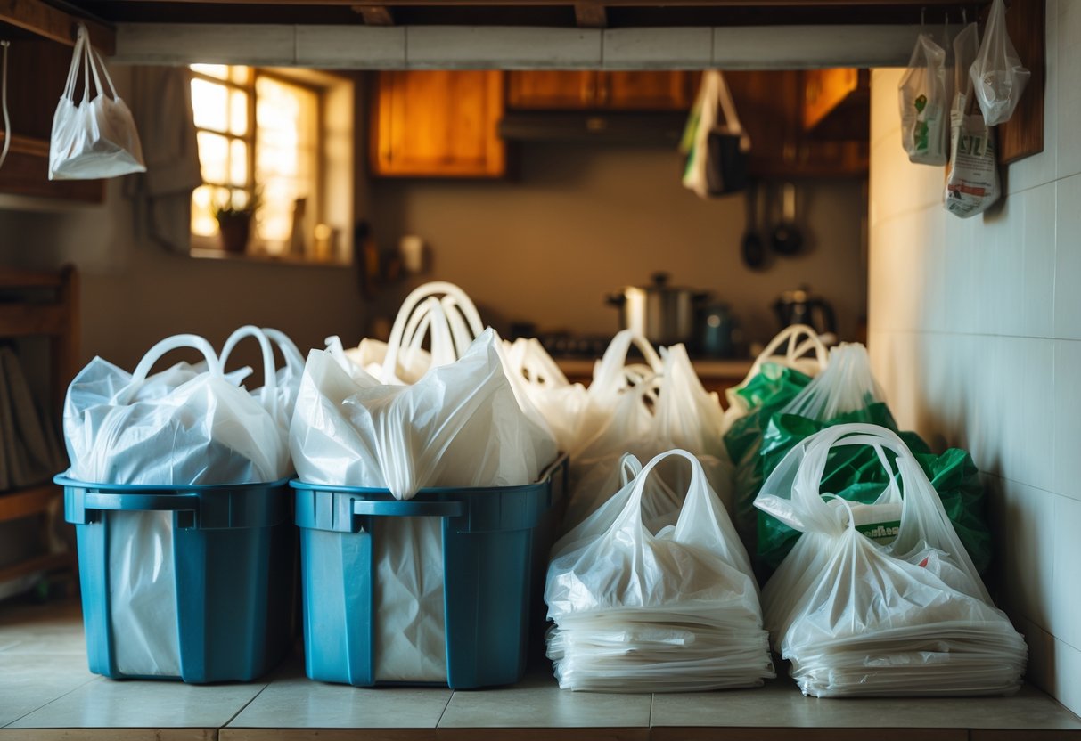Neatly folded plastic grocery bags stored in a kitchen, showing frugal reuse of household items.