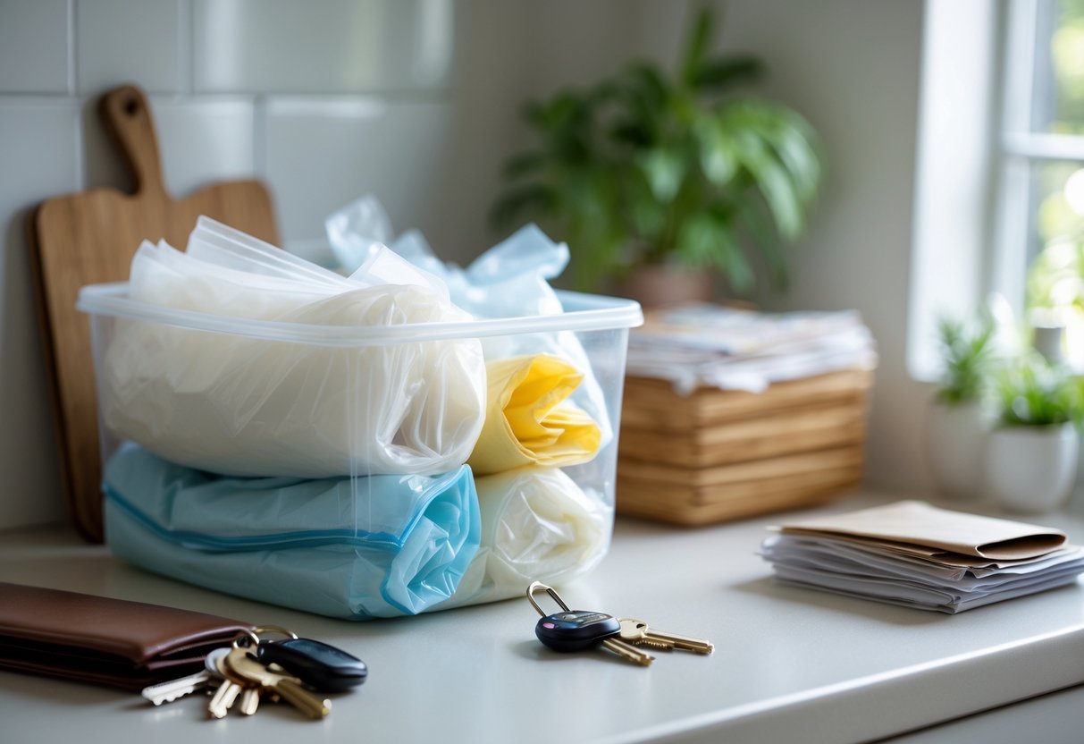 A kitchen countertop with neatly stored plastic grocery bags and everyday household items like keys, a wallet, and mail.