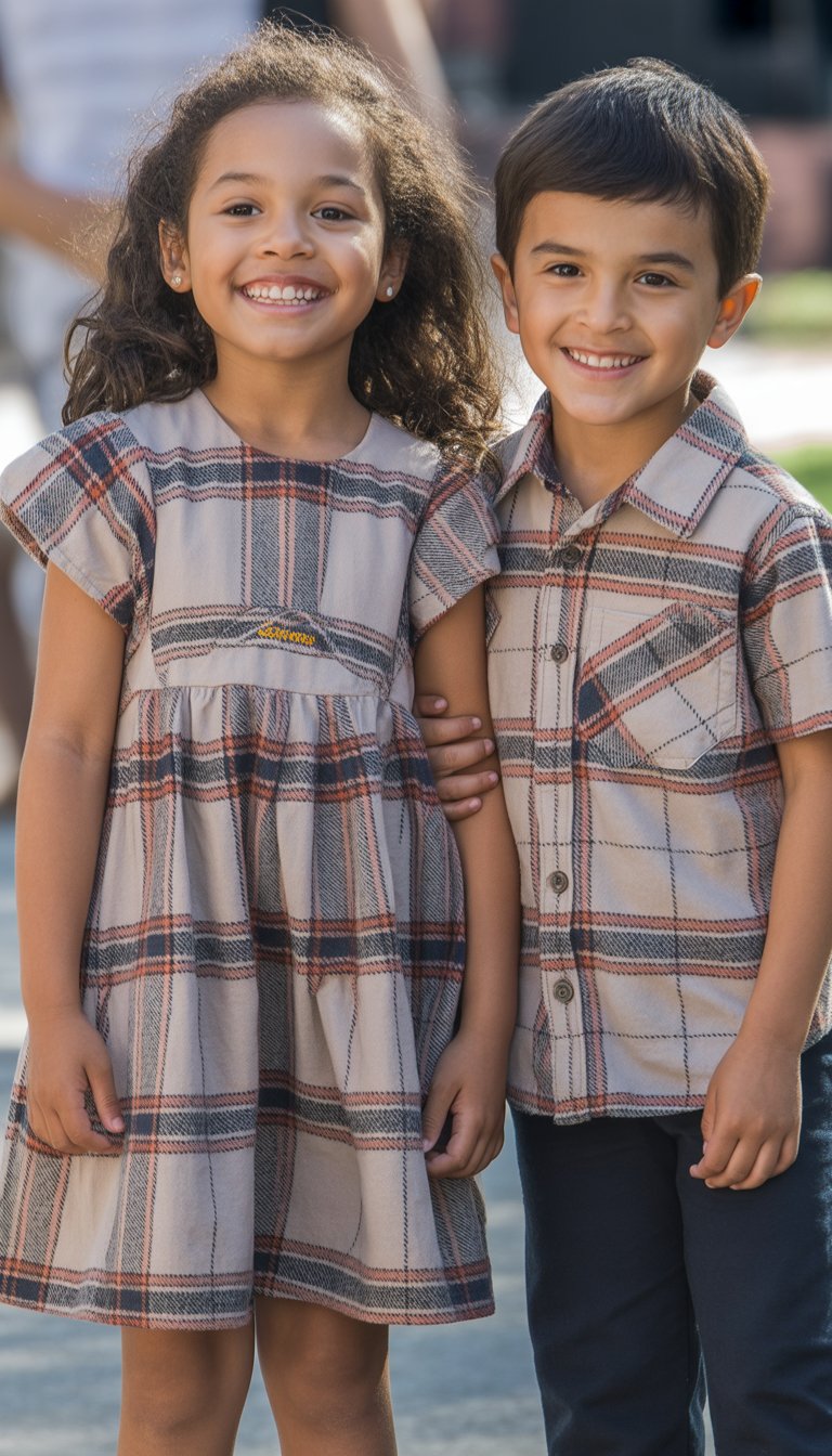 A young girl in a plaid dress and a boy in a plaid shirt standing side by side outdoors, smiling naturally.