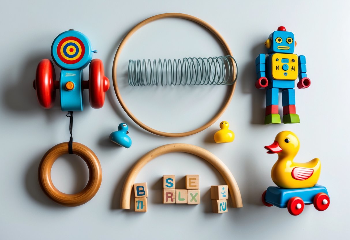 Six vintage toys including a wooden yo-yo, tin wind-up robot, metal slinky, small hula hoop, wooden building blocks, and a pull-along duck arranged on a plain surface.
