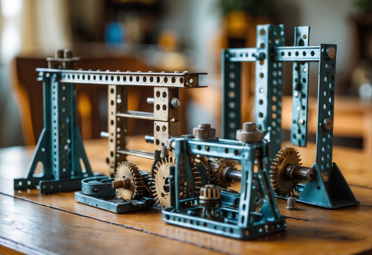 Six vintage metal Erector Set toys and parts arranged on a wooden table.