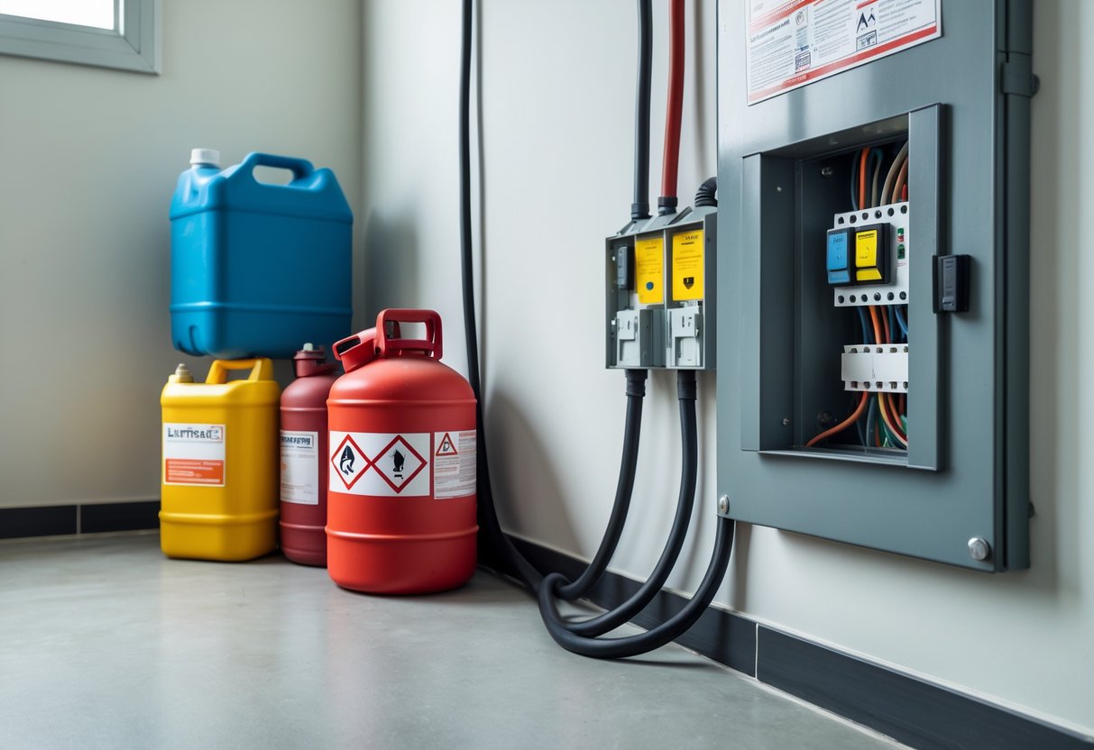 Electrical panel mounted on a wall with gasoline containers and paint cans placed dangerously close nearby.