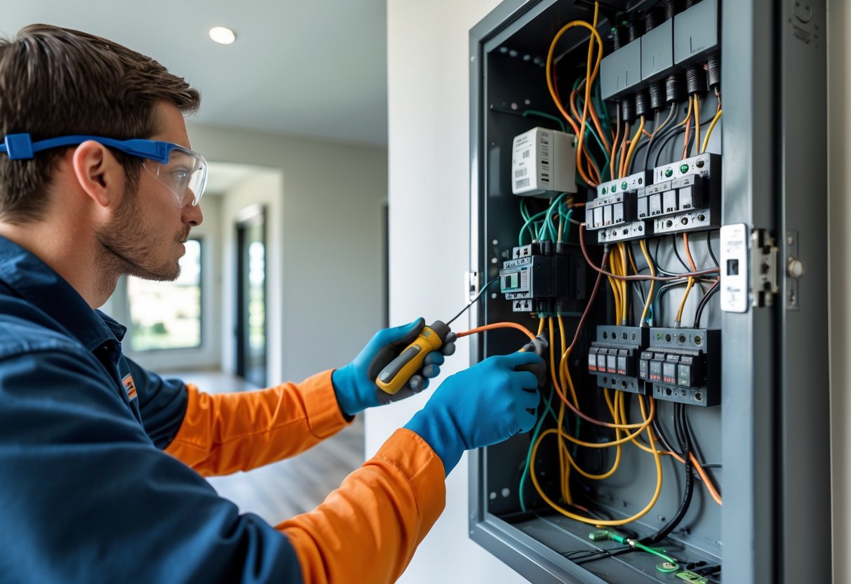 Electrician wearing safety gear replacing an electrical panel inside a residential home.