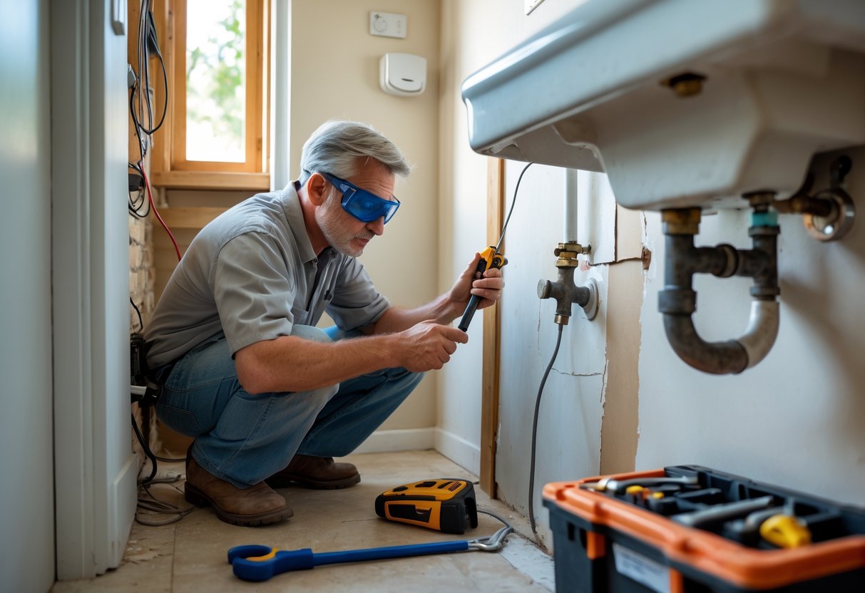 A person inspecting electrical wiring inside a wall with tools nearby, preparing to fix home repairs.