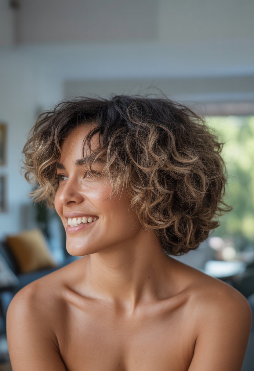 A person with highlighted hair is shown from the shoulders up, smiling softly in a casual indoor or outdoor setting with soft lighting.