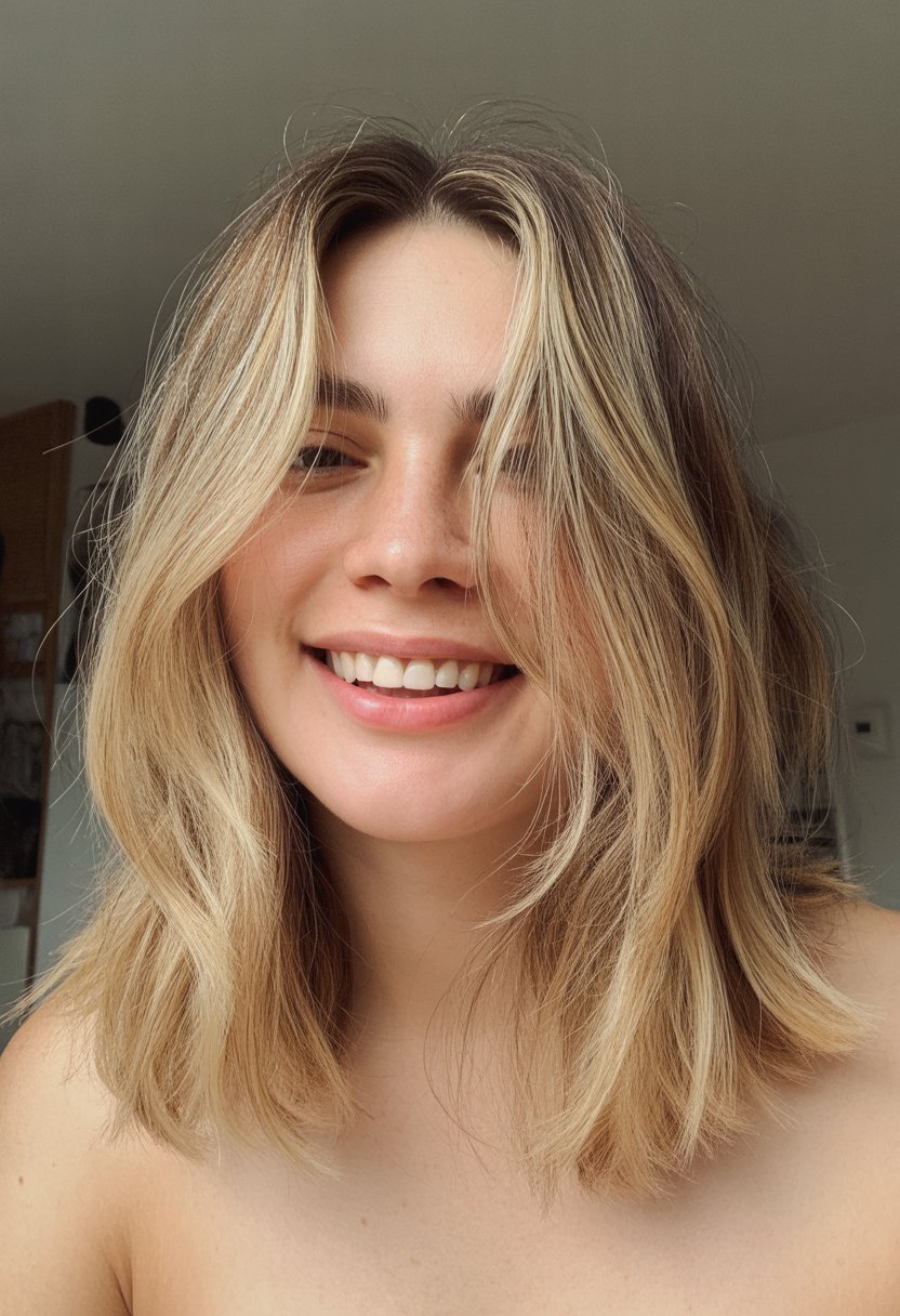 Head-and-shoulders photo of a person with shoulder-length blonde-highlighted hair in a softly lit indoor setting.