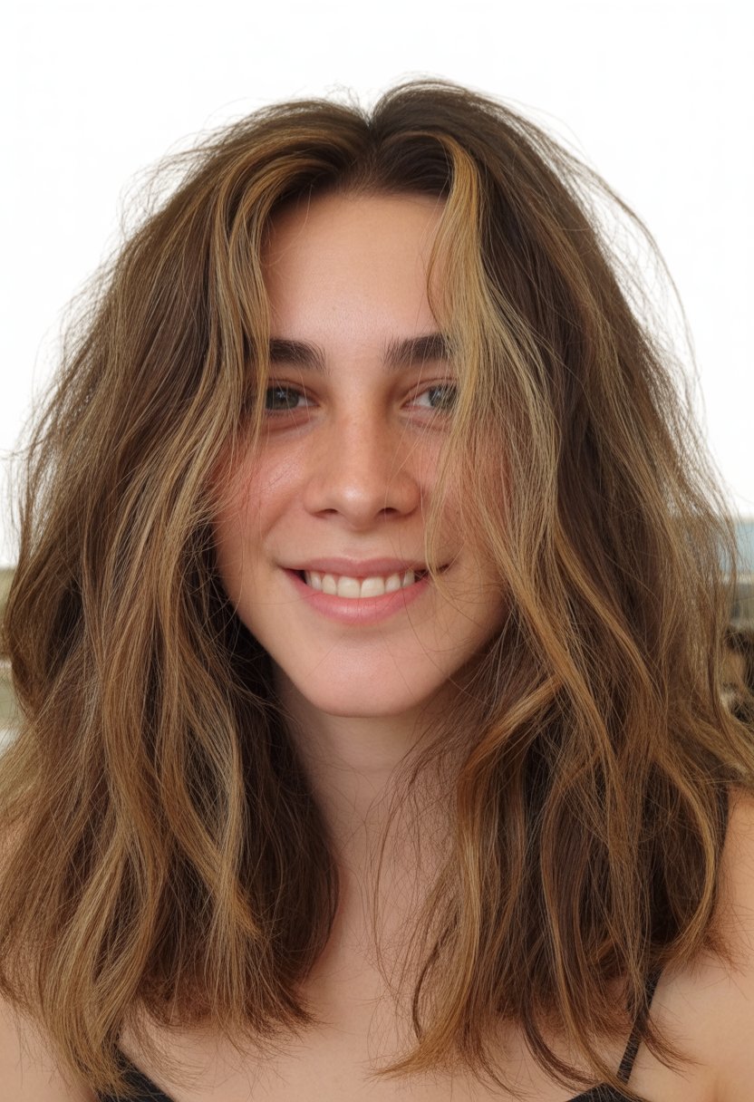 A person with brown hair and caramel highlights smiling softly in an indoor setting.