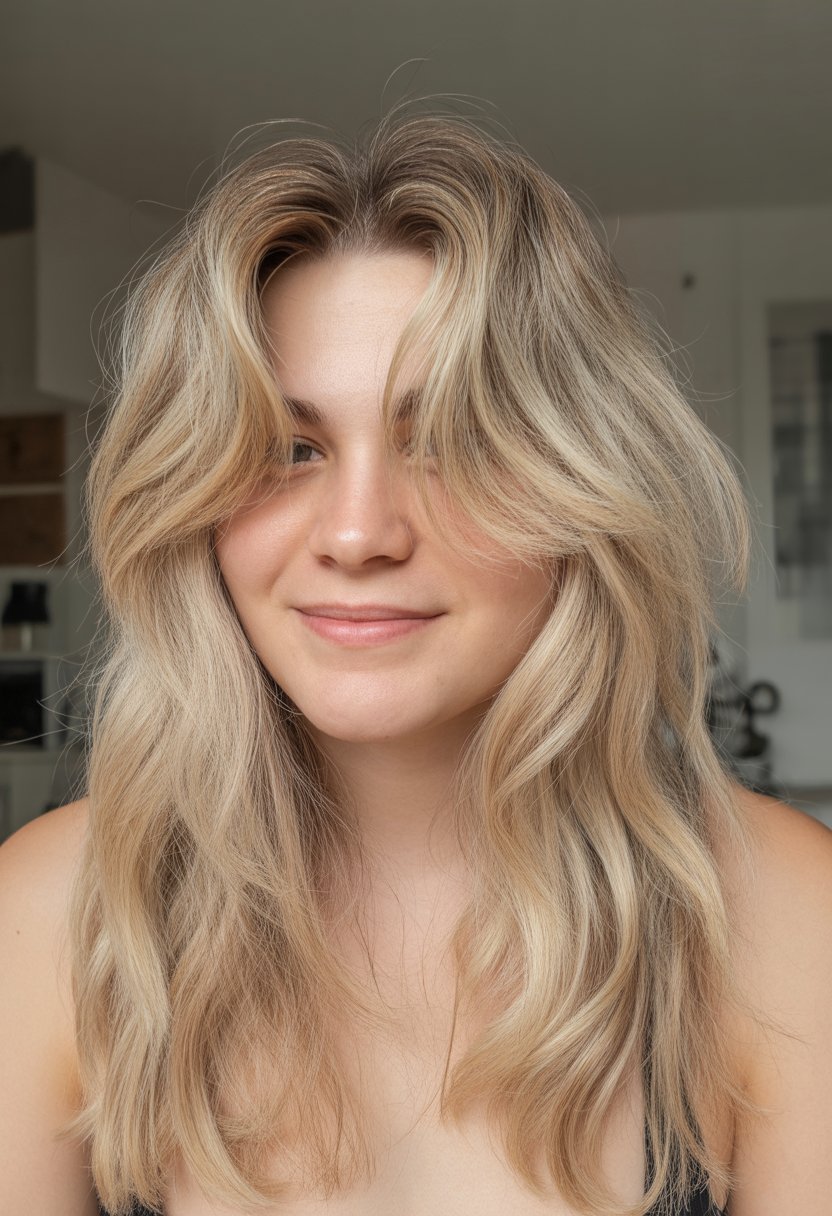 A person with ash blonde hair and natural roots smiling gently in a softly lit indoor setting.