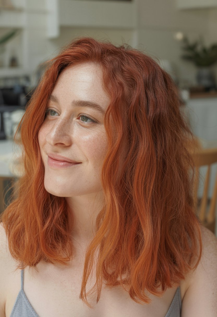A woman with red hair and copper highlights smiling gently in a softly lit indoor setting.