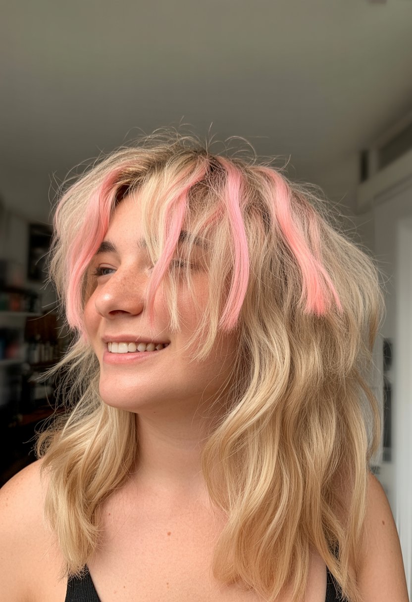 A person with blonde hair and chunky pastel pink streaks smiling softly in a casual indoor setting.