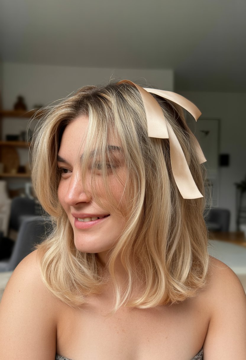 A person with highlighted blonde hair is photographed from the shoulders up in a softly lit indoor setting, smiling gently with a relaxed expression.