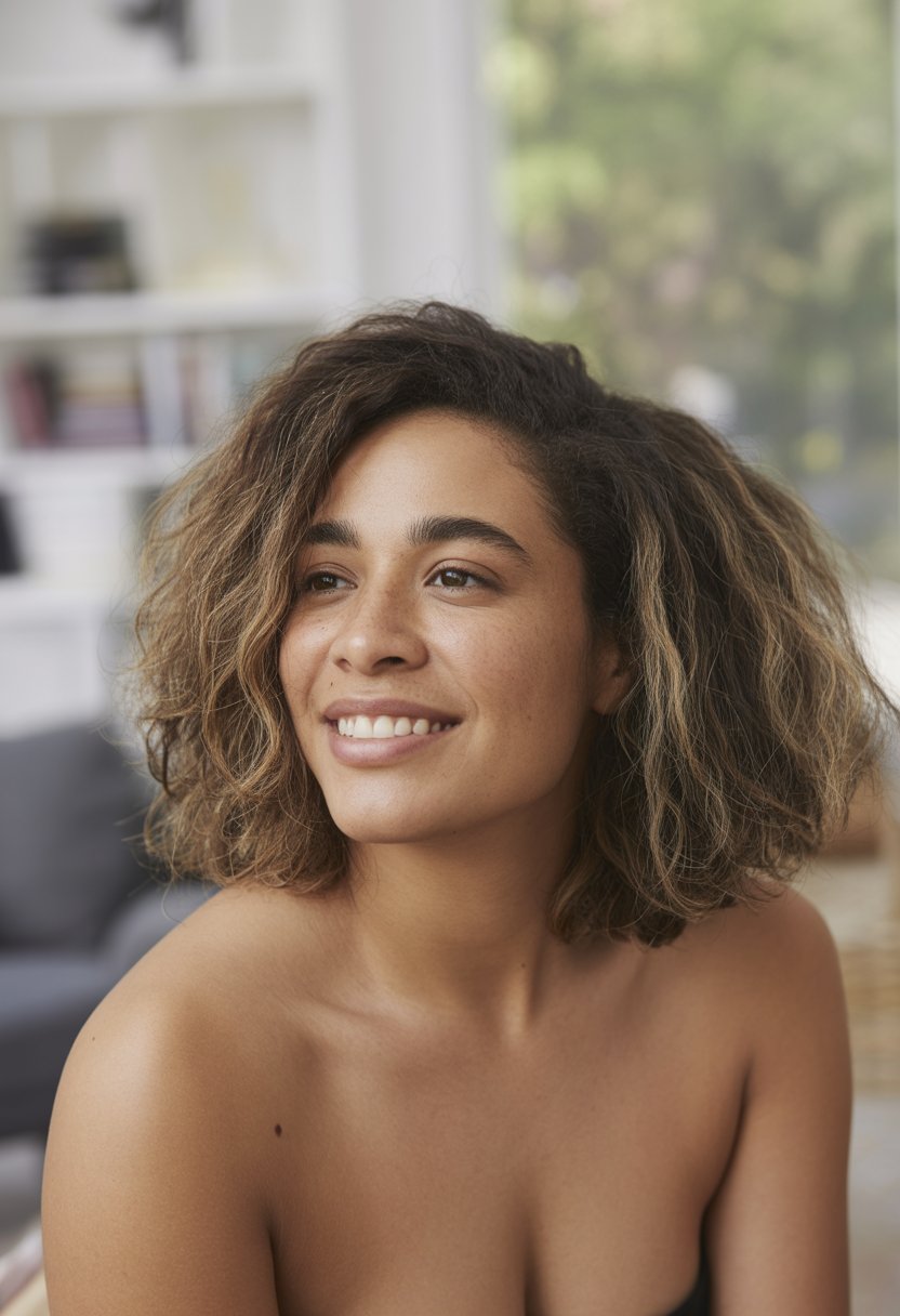 A close-up photo of a person with highlighted hair smiling softly in a casual indoor setting.