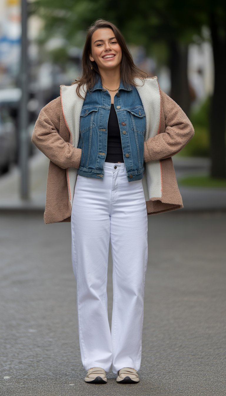 A young woman standing outdoors on a city street wearing white jeans and a jacket, shown full body with a natural expression.