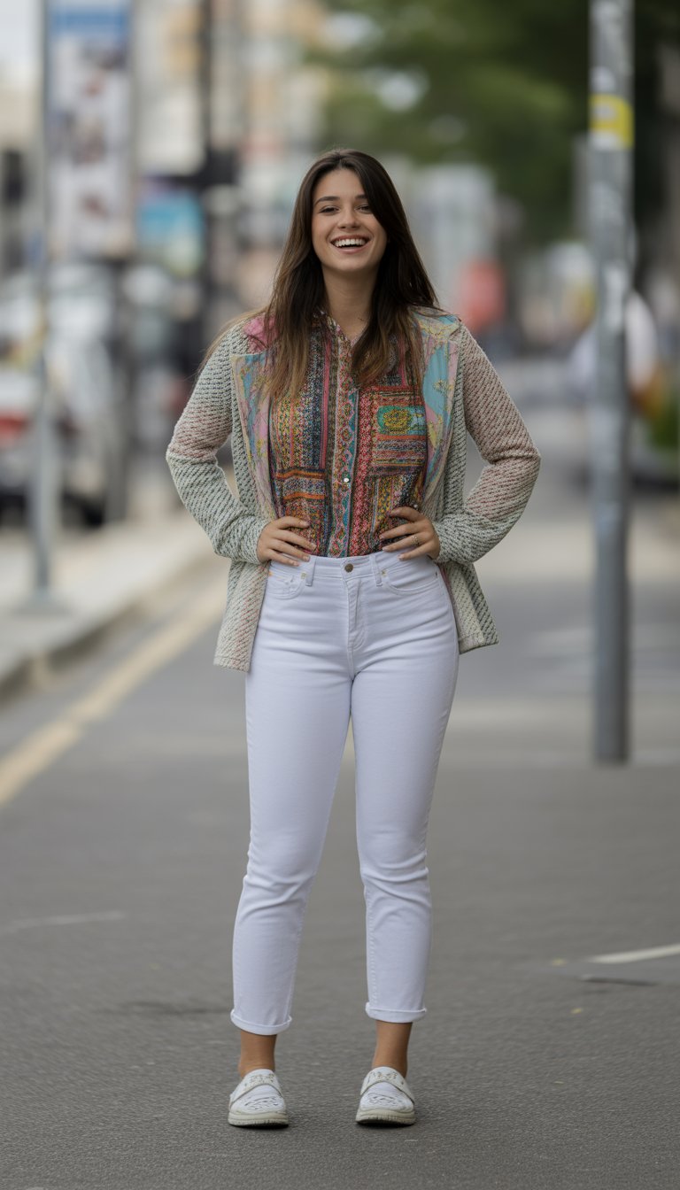 A young woman standing outdoors on a city street, wearing white jeans with a colorful printed top and jacket, looking relaxed and natural.