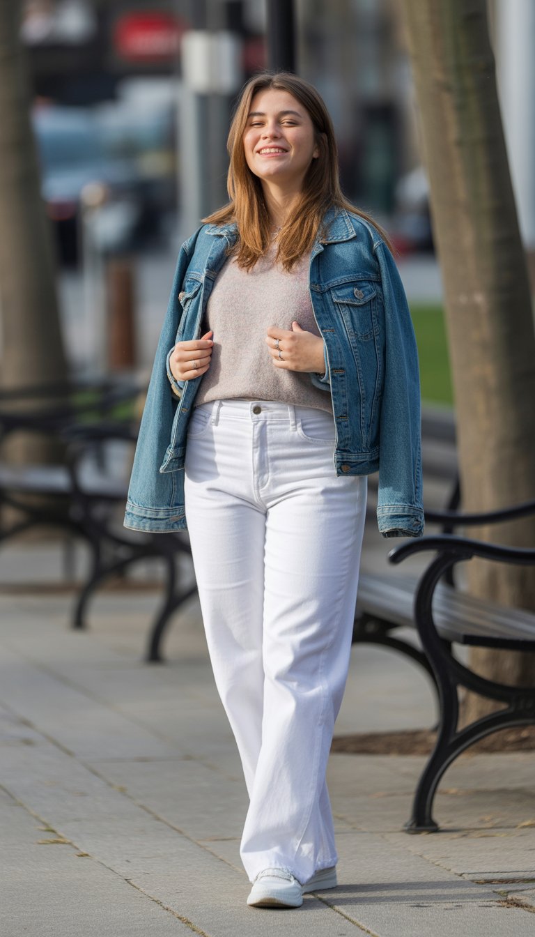 A young woman stands outdoors on a city street wearing white jeans and a casual top, shown head to toe with a natural expression.
