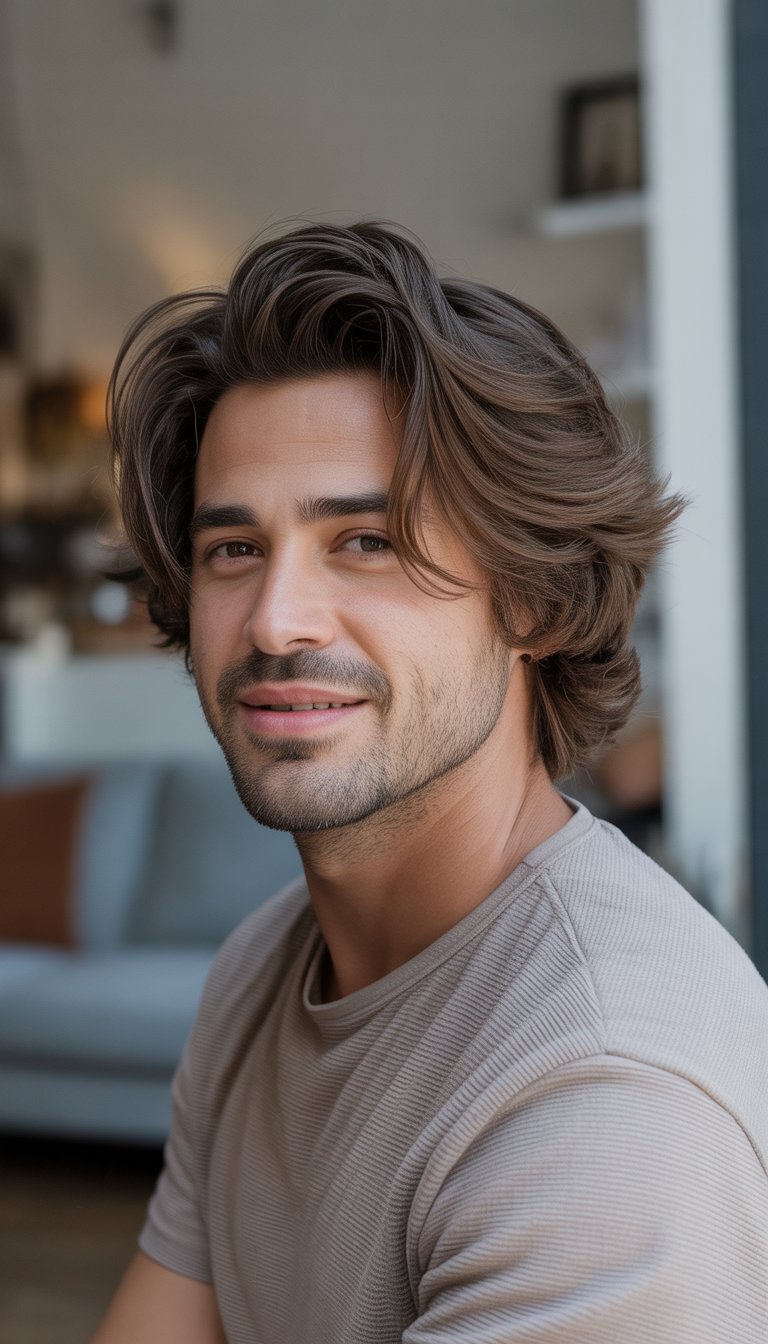 A man with medium-length hair stands in a casual setting wearing a plain t-shirt, looking relaxed and natural.