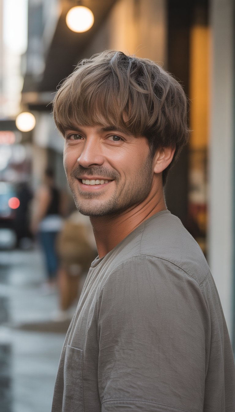 A man with short hair standing in a casual setting wearing casual clothes.