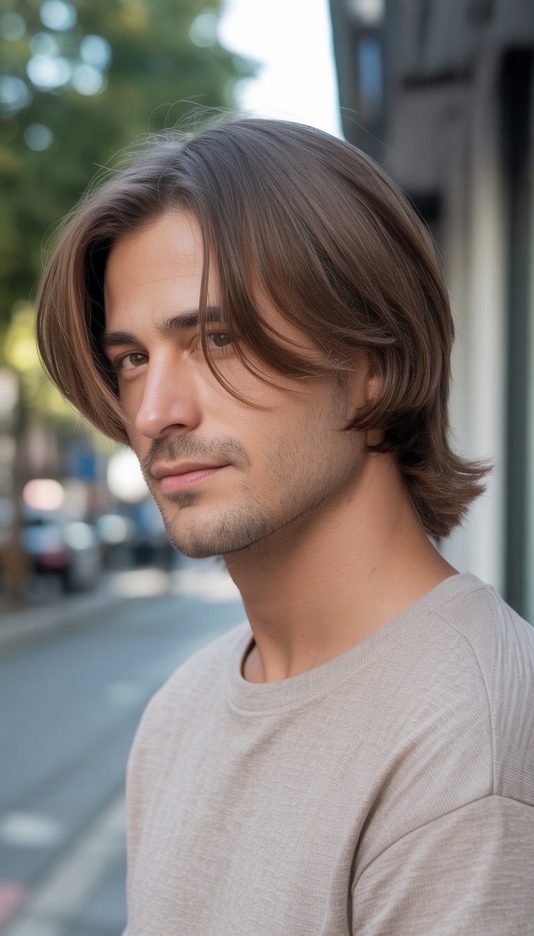 A man with medium-length hair stands in a casual setting wearing everyday clothes.