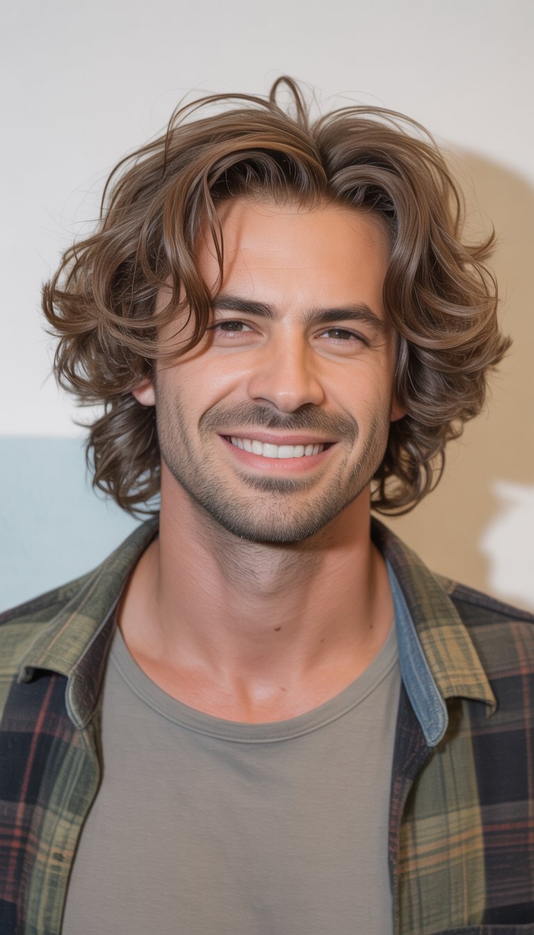 A man with medium-length wavy hair in a casual outfit standing in a softly lit everyday setting.