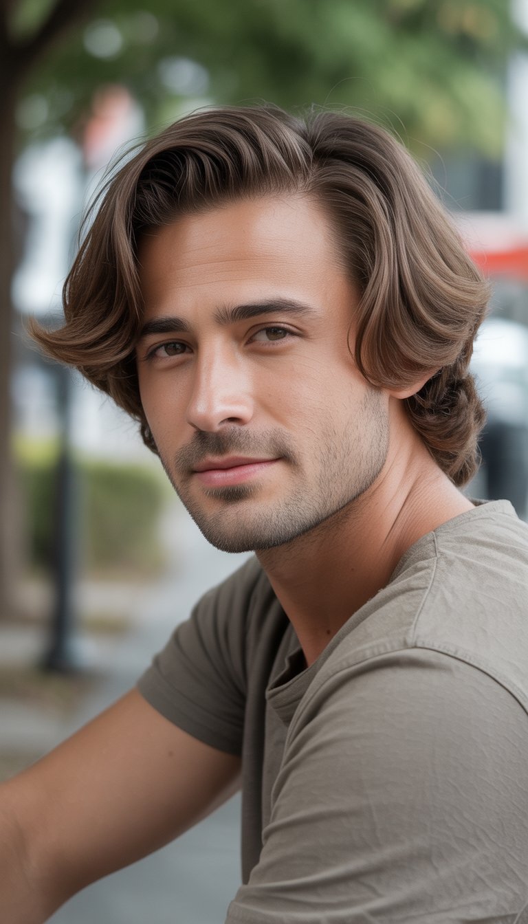 A man with medium-length hair parted to the side, standing in a casual setting wearing everyday clothes.