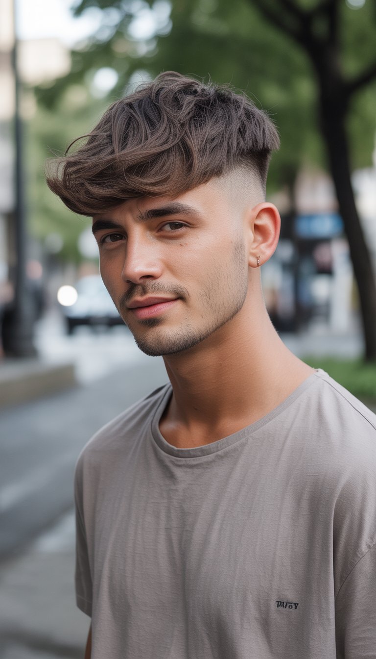 A young man with an undercut hairstyle standing in a casual everyday setting, wearing a simple shirt and looking relaxed.
