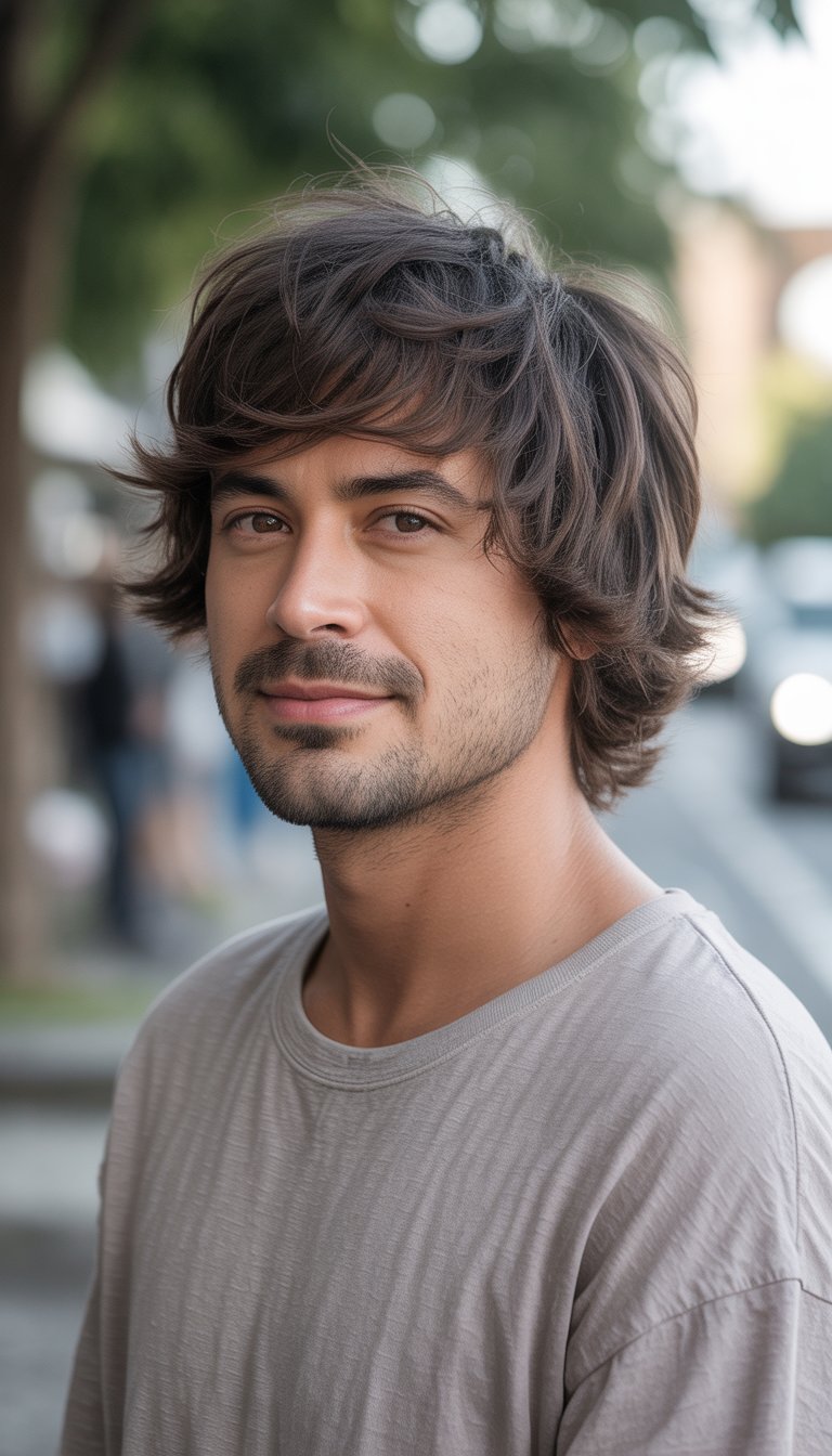 A man with medium-length hair standing in a casual setting, wearing casual clothes and looking relaxed.