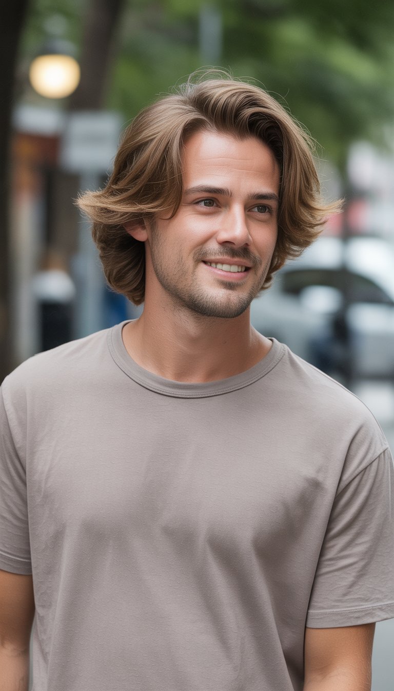 A man with medium-length hair styled upward, wearing casual clothes, standing in a simple everyday setting.