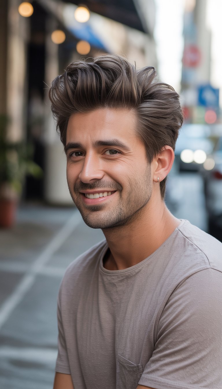 A man with medium-length hair stands in a casual indoor setting, wearing a simple shirt and looking relaxed.