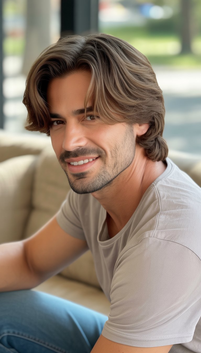 A man with medium-length hair styled to the side, standing in a casual indoor or outdoor setting wearing casual clothes.