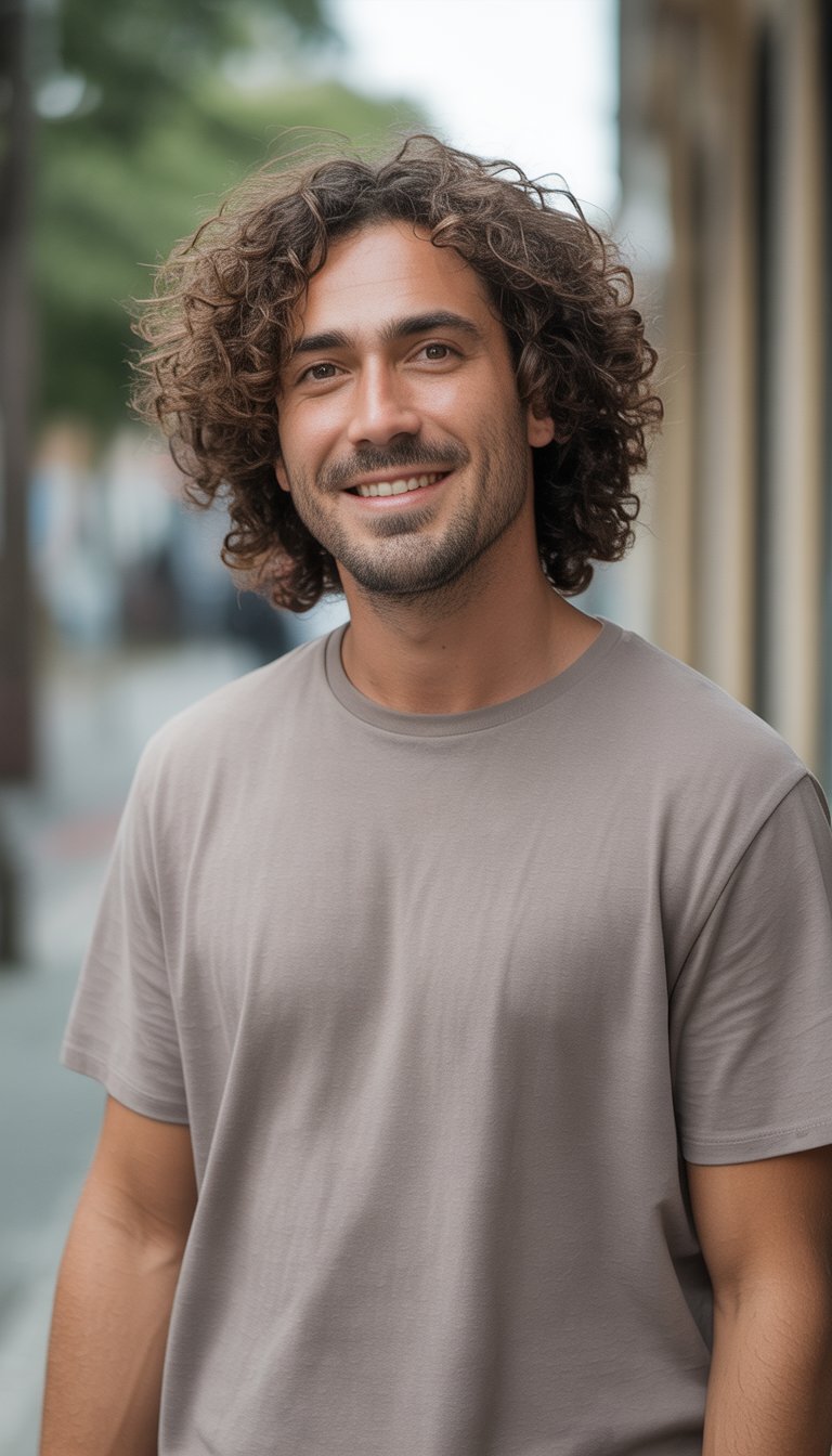 A man with medium length curly hair stands in a casual setting wearing simple clothing, looking relaxed and natural.