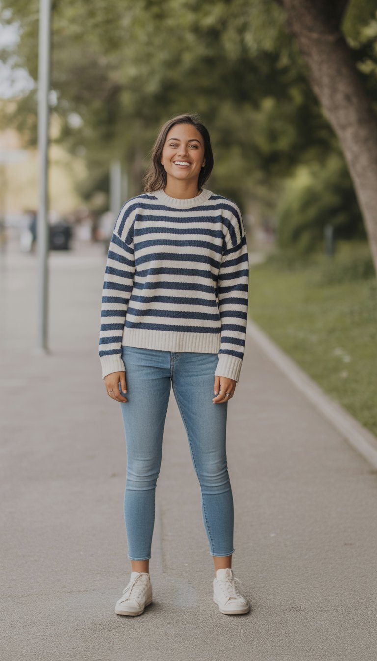 A young woman standing outdoors wearing skinny jeans and a striped sweater, looking relaxed and natural.