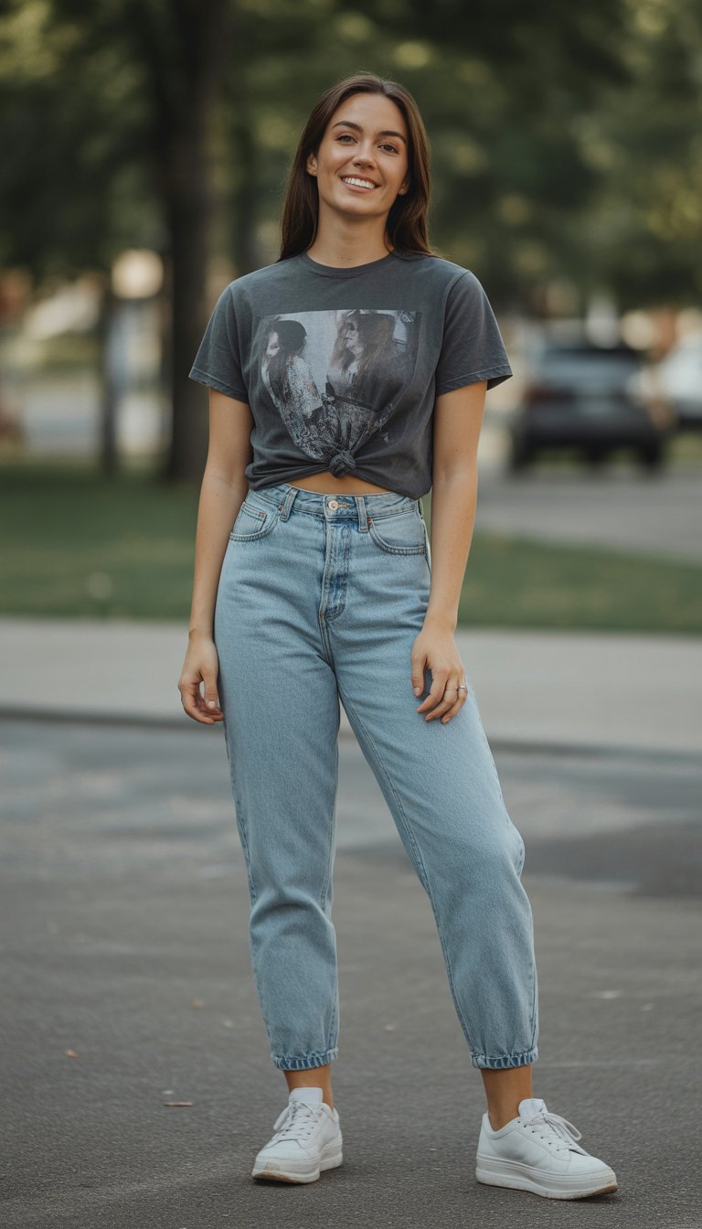 A young woman stands outdoors wearing jeans and a graphic t-shirt, smiling naturally with a relaxed pose.
