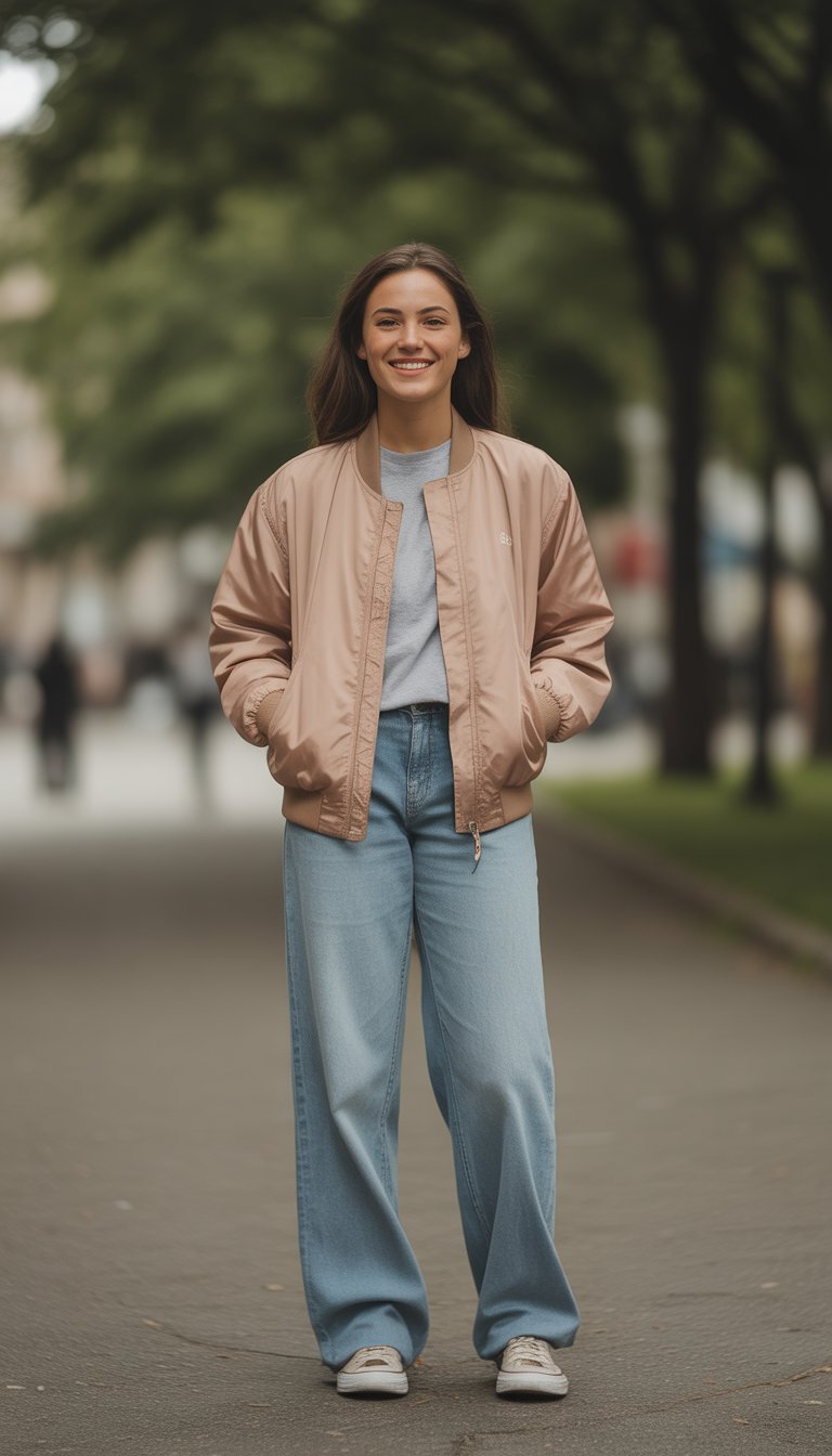 A young woman standing outdoors wearing a bomber jacket, casual tee, and sneakers, looking relaxed and smiling.