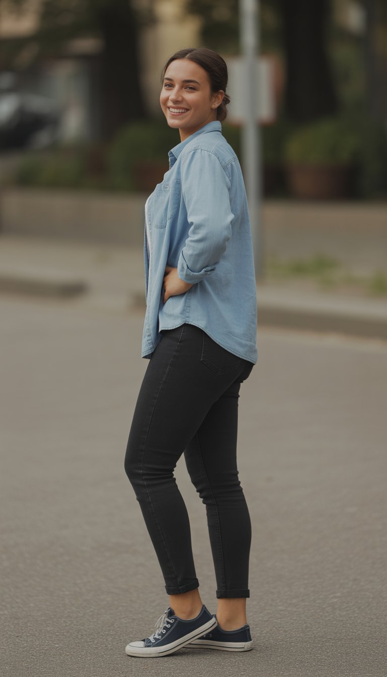 A young woman standing outdoors, wearing a light blue shirt, black jeans, and sneakers, smiling naturally.
