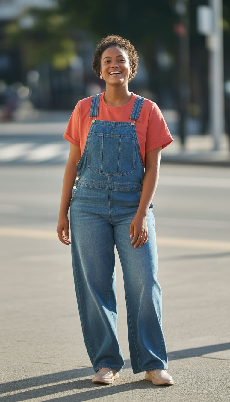 A young woman standing outdoors wearing denim overalls and a bright short-sleeve shirt, smiling naturally.