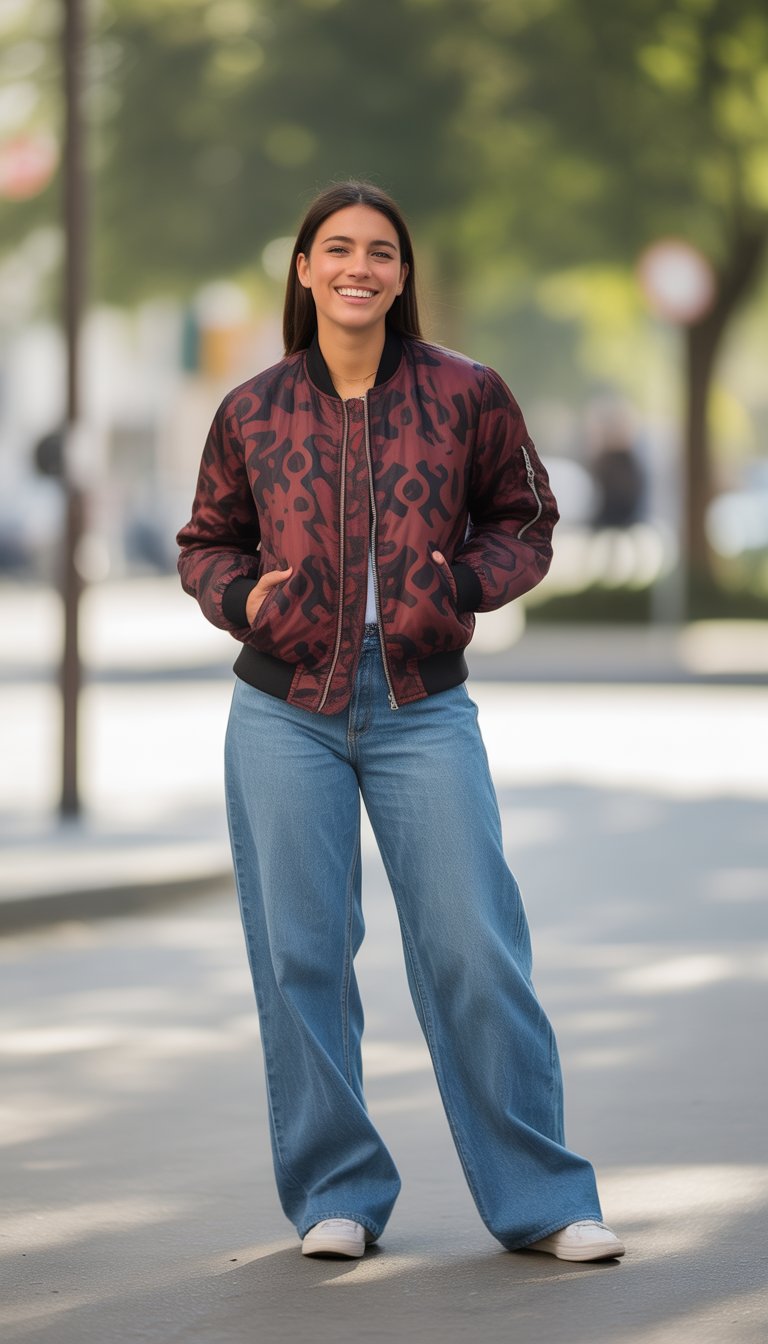 A young woman standing outdoors wearing a patterned jacket and blue jeans, smiling naturally.