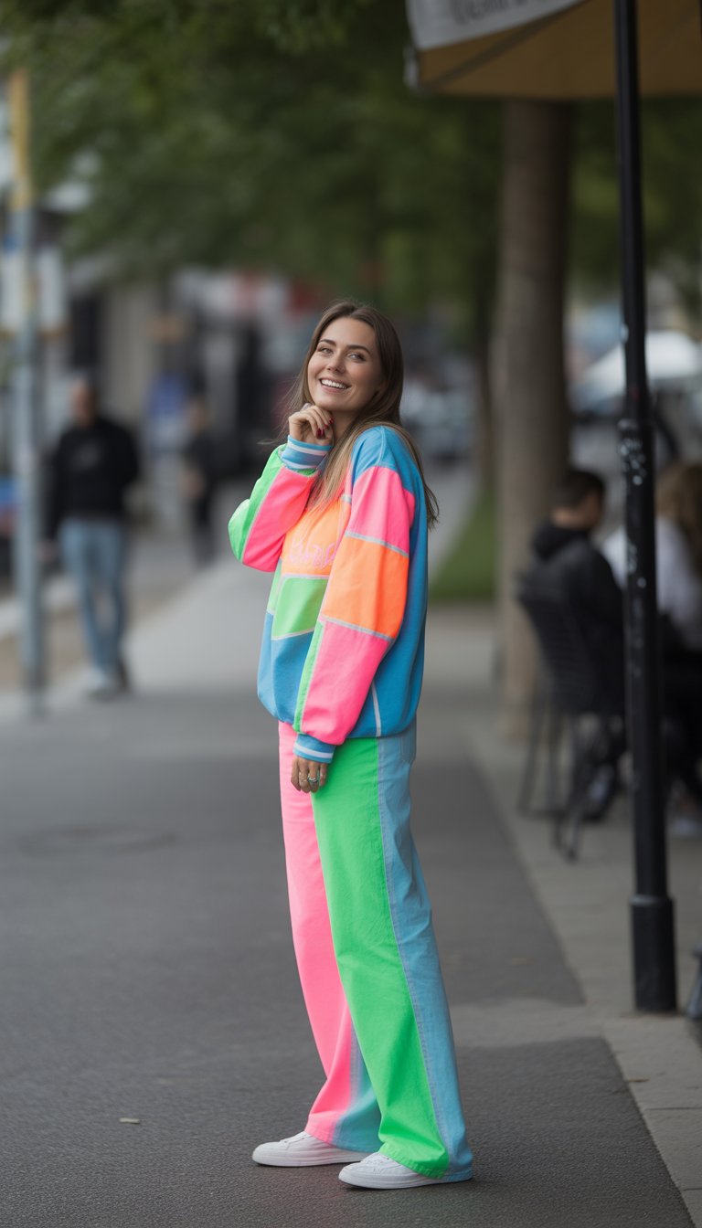 A young woman stands outdoors on a city street, wearing a bright neon outfit, looking confidently at the camera with a natural expression.