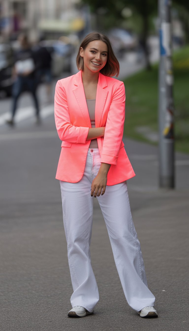 A young woman standing outdoors on a city street, wearing a bright pink blazer and white jeans, looking relaxed and confident.