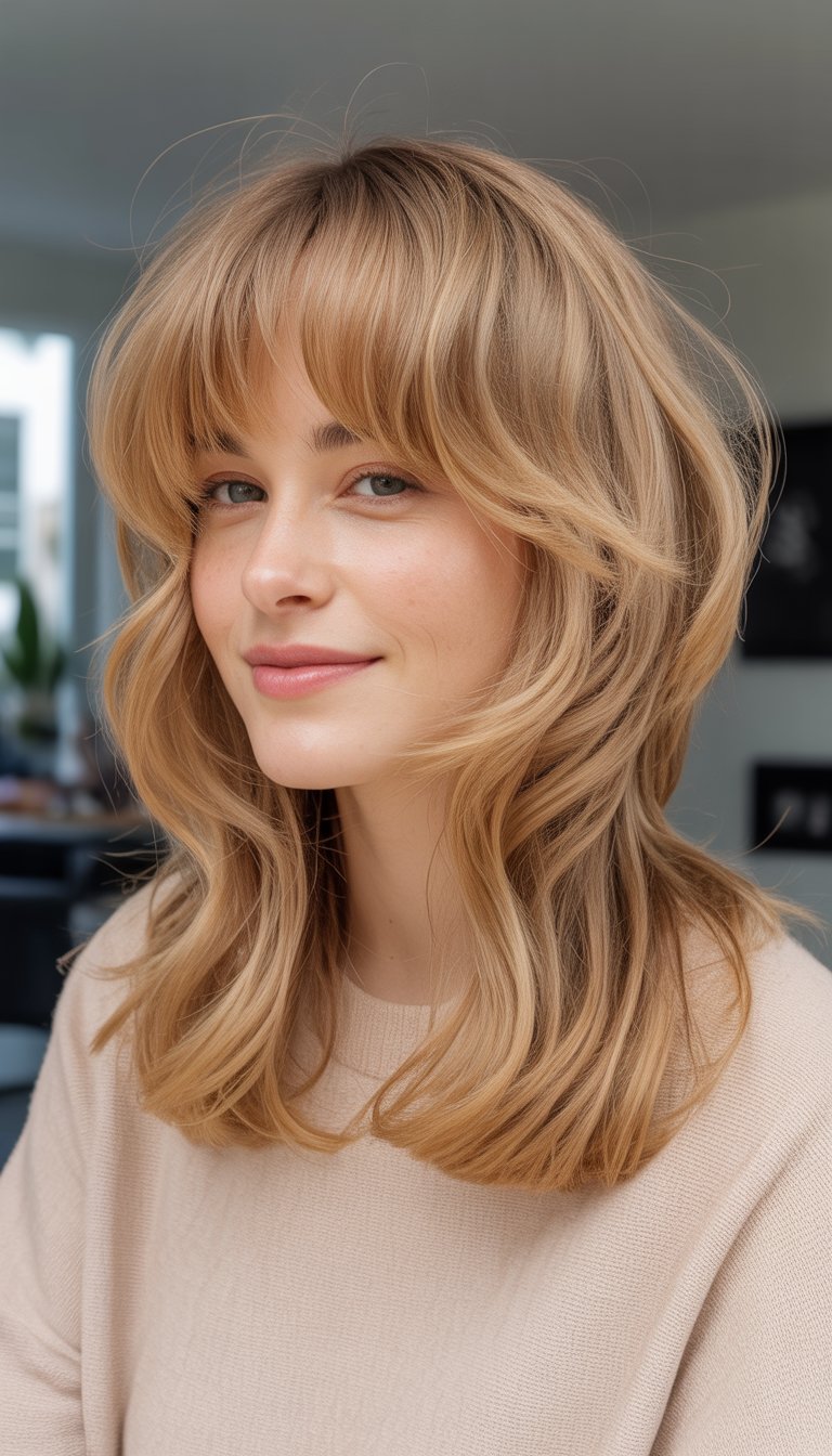 A woman with medium-length blonde hair and bangs, smiling softly in a casual setting with natural lighting.