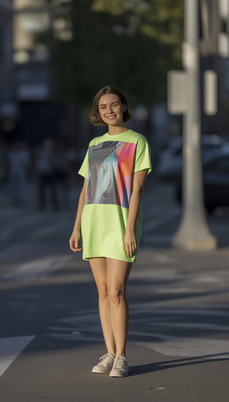 A young woman standing outdoors in a city setting during the day, wearing a bright neon dress and smiling naturally.