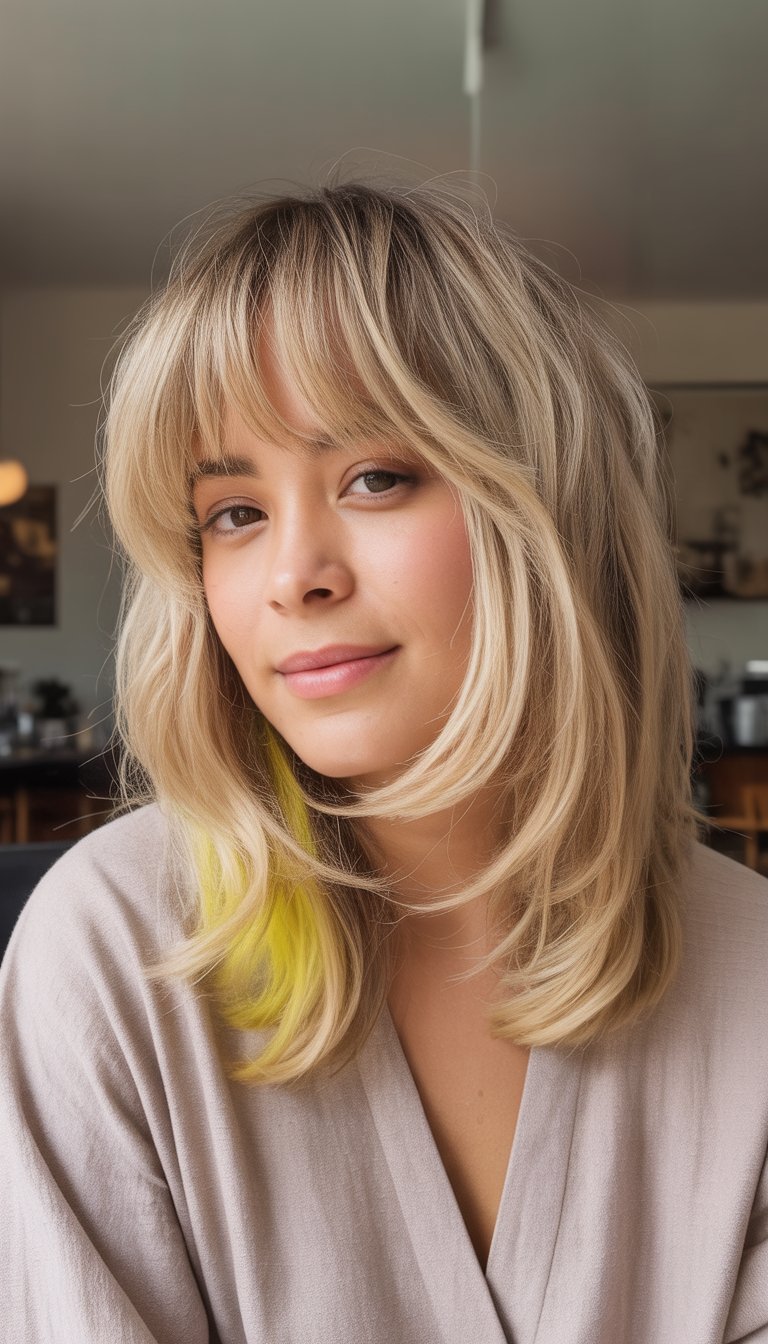 A woman with medium-length blonde hair and bangs, sitting indoors in a casual setting, smiling softly.