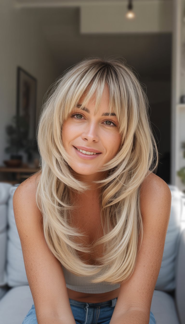 A woman with long blonde hair and bangs standing in a casual everyday setting, wearing casual clothes and softly lit.