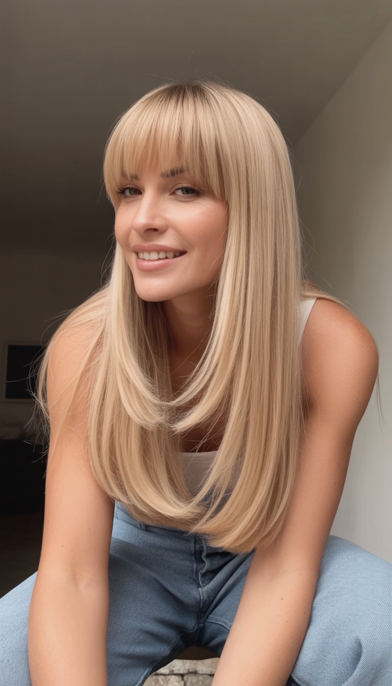 A woman with straight blonde hair and bangs, casually dressed, smiling softly in a simple indoor setting.
