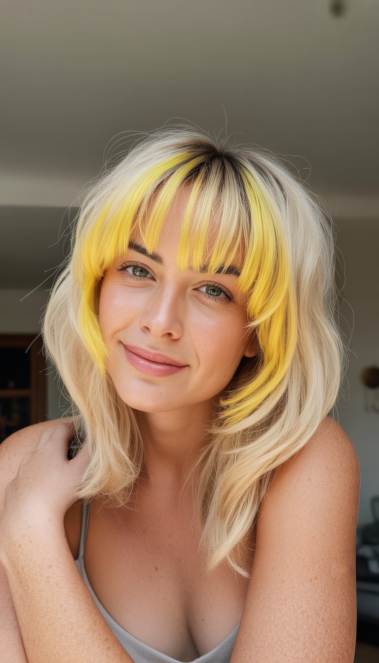 A woman with blonde hair and bangs smiling softly in a casual indoor setting.